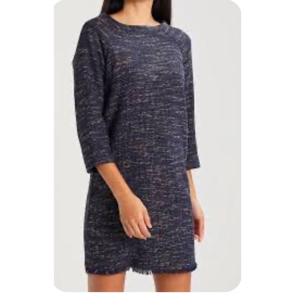 Joules Tweed Shift Dress Womens 6 Navy Brown 3/4 Sleeve Frayed Hem Back Zip